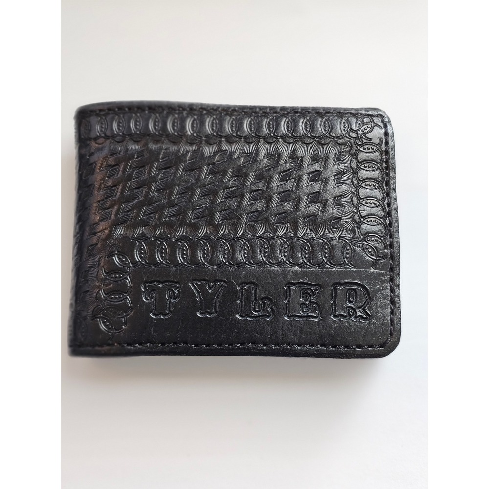 Tyler Personalized Tooled Black Leather Bifold Wallet Basketweave Money Clip